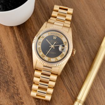 Rolex Day-Date 36 18238, Yellow Gold, Grey Myriad Roman Diamond Dial, President Bracelet, Box & Papers