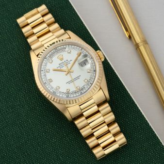 Rolex Day-Date 36, 18238, Yellow Gold, Silver Diamond String Diamond Dial, President Bracelet, Renewed