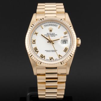 Rolex Day-Date 36, 18238, Yellow Gold, White Roman Dial, President Bracelet, Renewed