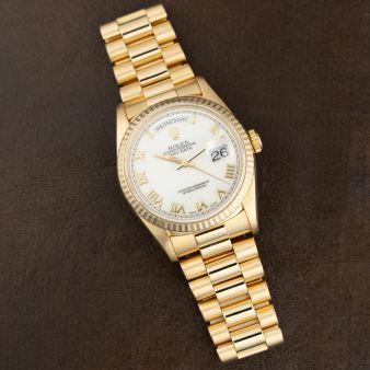 1997 Rolex Day-Date 36 18238, Yellow Gold, White Roman Dial, President Bracelet