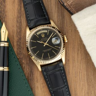 Rolex Day-Date 36 18238 Wristwatch, Black Dial, Leather Strap, Fluted Bezel