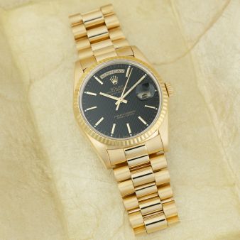 Rolex Day-Date 36 18238, Yellow Gold, Black Tapestry Dial, President Bracelet