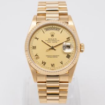 Rolex Day-Date 36 18238 Wristwatch, President Bracelet, Champagne Skinny Roman Dial, Fluted Bezel