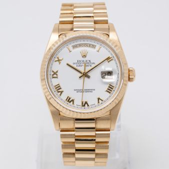 Rolex Day-Date 36 18238 Wristwatch, White Roman Dial, President Bracelet, Fluted Bezel