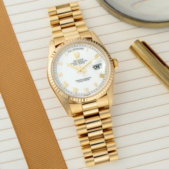 Rolex Day-Date 36 18238, Yellow Gold, White Skinny Roman Dial, President Bracelet