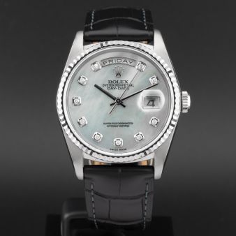 Rolex Day-Date 36 18239B, White Gold, Mother of Pearl Diamond Dial, Leather Strap, Renewed 