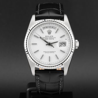 Rolex Day-Date 36 18239B, White Gold, White Index Dial, Leather Strap, Renewed 