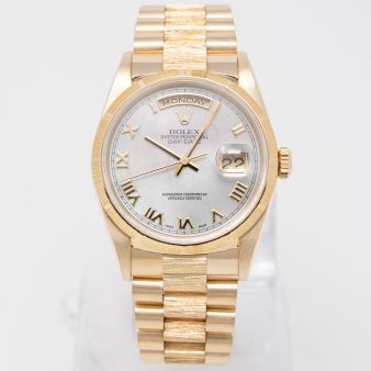 Rolex Day-Date 36 18248 Wristwatch, Mother of Pearl Roman Dial, Bark President Bracelet, Bark Bezel