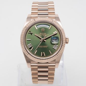 Rolex Day-Date 40 228235 Wristwatch, Olive Green Roman Dial, President Bracelet, Fluted Bezel