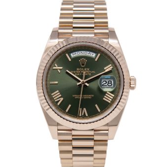 Rolex Day-Date 40 228235 Wristwatch, President Bracelet, Olive Green Roman Dial, Fluted Bezel