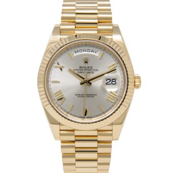 Rolex Day-Date 40 228238 Wristwatch, President Bracelet, Silver Roman Dial, Fluted Bezel