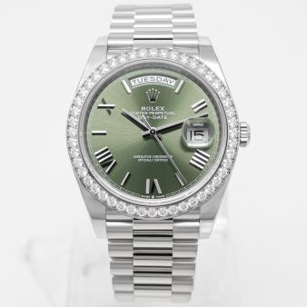 Rolex Day-Date 40 228349RBR Wristwatch, President Bracelet, Olive Green Roman Dial, Diamond Bezel