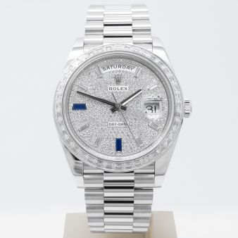 New Rolex Day-Date 40 228396TBR Wristwatch, President Bracelet, Diamond-Paved Sapphire Dial, Diamond Bezel