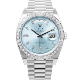 New Rolex Day-Date 40 228236 Wristwatch, President Bracelet, Ice Blue Diamond Dial, Diamond Bezel