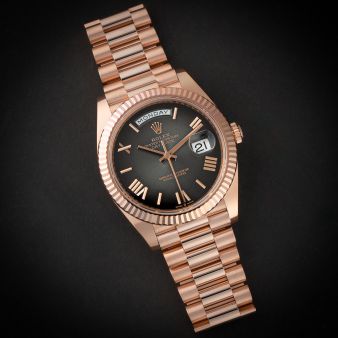 Rolex Day-Date 40 228235, Rose Gold, Slate Ombré Roman, President Bracelet, Box & Papers
