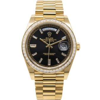 Rolex Day-Date 40 228398TBR Wristwatch, President Bracelet, Bright Black Diamond Dial, Diamond Bezel