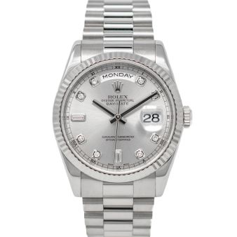 Rolex Men's Day Date 118239 Wristwatch, President Bracelet, Silver Diamond Dial, Fluted Bezel 