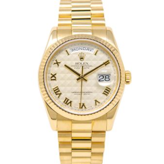 Rolex Day-Date 36, President Bracelet, Ivory Pyramid Roman Dial, Yellow Gold, 118238