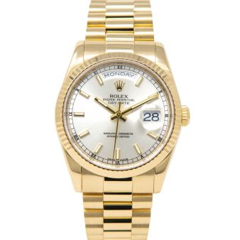 Rolex Day-Date 36, President Bracelet, Silver Face, Yellow Gold, 118238

