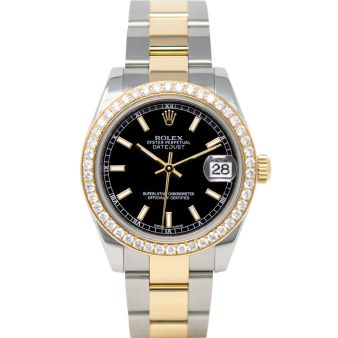 Rolex Datejust 31 178383 Wristwatch, Oyster Bracelet, Black Index Dial, Diamond Bezel