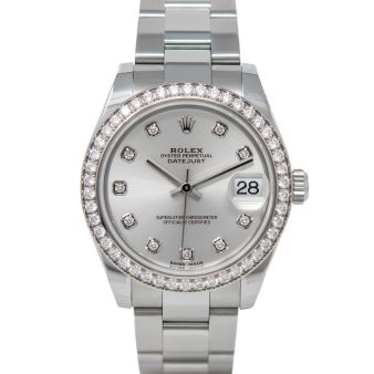 New Rolex Lady-Datejust 26 178384 Wristwatch, Oyster Bracelet, Silver Diamond Dial, Diamond Bezel