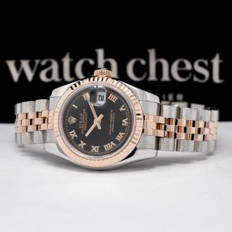 Rolex Lady-Datejust 26 179171 Wristwatch, Black Roman Dial, Fluted Bezel, Jubilee Bracelet