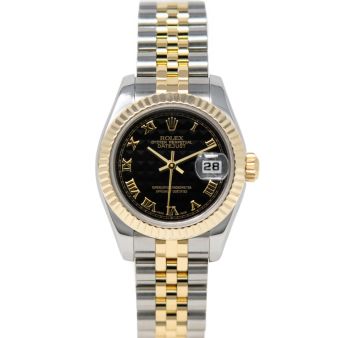 Rolex Lady-Datejust 179173 Wristwatch, Jubilee Bracelet, Black Pyramid Roman Dial, Fluted Bezel