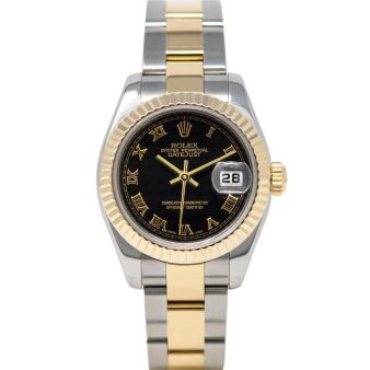 Rolex Lady-Datejust 179173 Wristwatch, Oyster Bracelet, Black Pyramid Roman Dial, Fluted Bezel