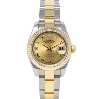 Rolex Lady-Datejust 179173 Wristwatch, Oyster Bracelet, Champagne Roman Dial, Fluted Bezel