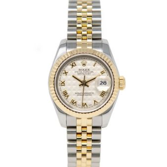 Rolex Lady-Datejust 179173 Wristwatch, Jubilee Bracelet, Ivory Pyramid Roman Dial, Fluted Bezel