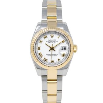 Rolex Lady-Datejust 179173 Wristwatch, Oyster Bracelet, White Roman Dial, Fluted Bezel