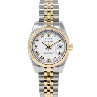Rolex Lady Datejust 179173 Wristwatch, Jubilee Bracelet, White Roman Dial, Fluted Bezel