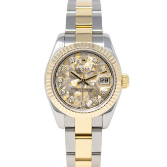 Rolex Lady-Datejust 179173 Wristwatch, Oyster Bracelet, Gold Crystals Jubilee Diamond Dial, Fluted Bezel