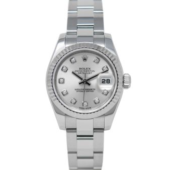 Rolex Lady-Datejust 179174 Wristwatch, Oyster Bracelet, Silver Diamond Dial, Fluted Bezel