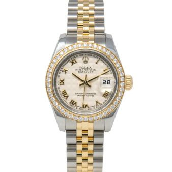 Rolex Lady-Datejust 179383 Wristwatch, Jubilee Bracelet, Ivory Pyramid Roman Dial, Diamond Bezel