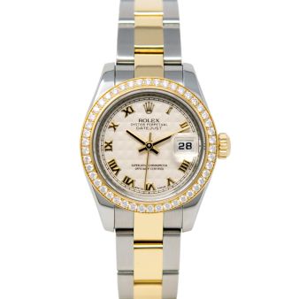 Rolex Lady-Datejust 179383 Wristwatch, Oyster Bracelet, Ivory Pyramid Roman Dial, Diamond Bezel
