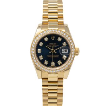 Rolex Lady-Datejust 26 179138 Wristwatch, President Bracelet, Blue Diamond Dial, Diamond Bezel