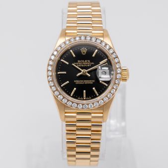 Rolex Lady-Datejust 26 69138 Wristwatch, Black Dial, Diamond Bezel, President Bracelet