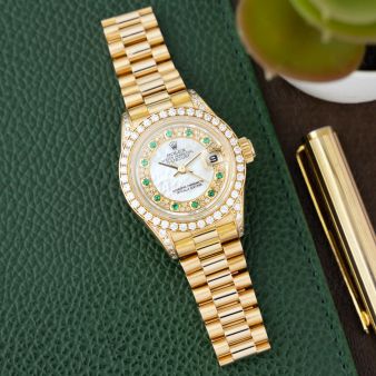 Rolex Lady-Datejust 26 69158, Yellow Gold, Mother of Pearl Emerald Myriad Diamond Dial, President Bracelet