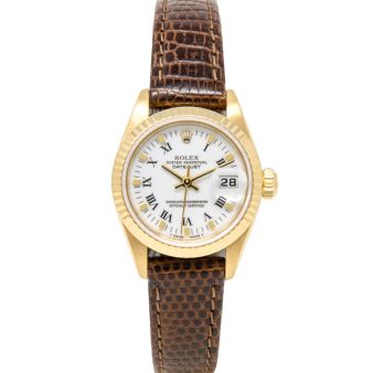 Rolex Lady-Datejust 26 69178 Wristwatch, Leather Bracelet, White Roman Dial, Fluted Bezel