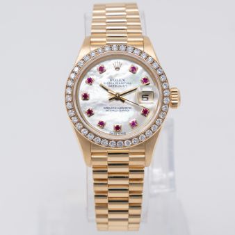 Rolex Lady-Datejust 26 69138 Wristwatch, Mother of Pearl Ruby Dial, Diamond Bezel, President Bracelet
