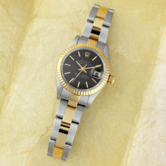 Rolex Lady-Datejust 79173, Gold & Steel, Black Tapestry, Oyster Bracelet
