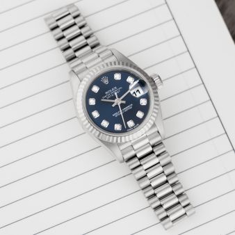 Rolex Lady-Datejust 26, 79179, White Gold, Blue Diamond Dial, President Bracelet, Renewed