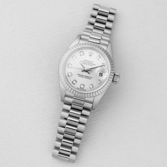 Rolex Lady-Datejust 26, 79179, White Gold, Silver Diamond Dial, President Bracelet, Renewed