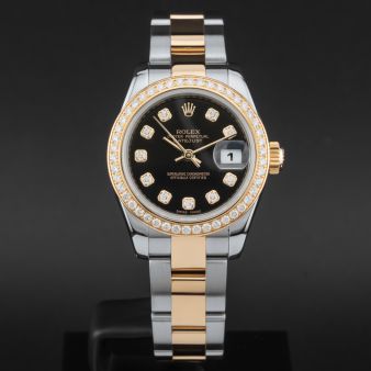 Rolex Lady-Datejust 26 179383, Steel & Yellow Gold, Black Diamond Dial, Oyster Bracelet, Box Only, Renewed