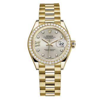 New Rolex Lady-Datejust 28, President Bracelet, Silver Diamond Dial, Yellow Gold, 279138RBR