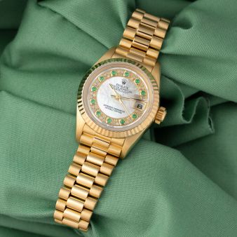 Rolex Lady-Datejust 26 69178, Yellow Gold, Mother of Pearl Emerald Diamond Myriad Dial, President Bracelet