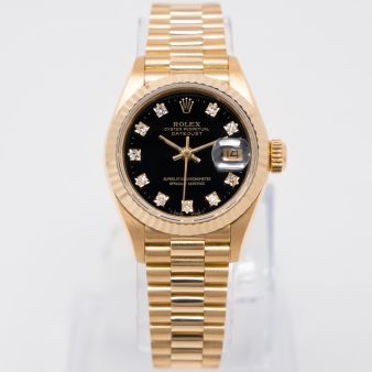 Rolex Lady-Datejust 26 69178, Yellow Gold, Black Diamond Dial, President Bracelet, Box & Papers