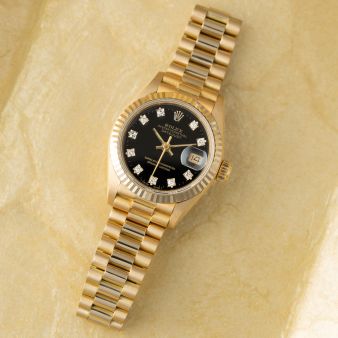 Rolex Lady-Datejust 26 69178, Yellow Gold, Black Diamond Dial, President Bracelet, Box & Papers