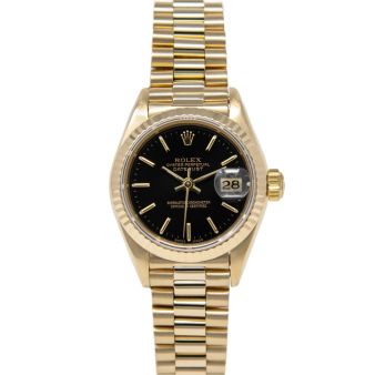 Rolex Lady-Datejust 69178 Wristwatch, President Bracelet, Black Index Dial, Fluted Bezel